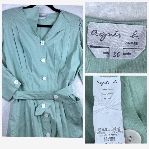 Vintage Agnès b. Paris Mint Green Button Front Belted Dress Sz 36/S Cottagecore - Picture 8 of 10